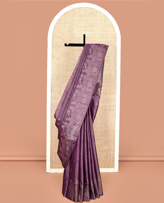Grey Mayuri Soft Silk Saree, Subtly Sparkled With Buttas and Ancient Historial Story Figurines Woven On Its Body, Intricately Designed Pallu and Paired with a Matching Blouse