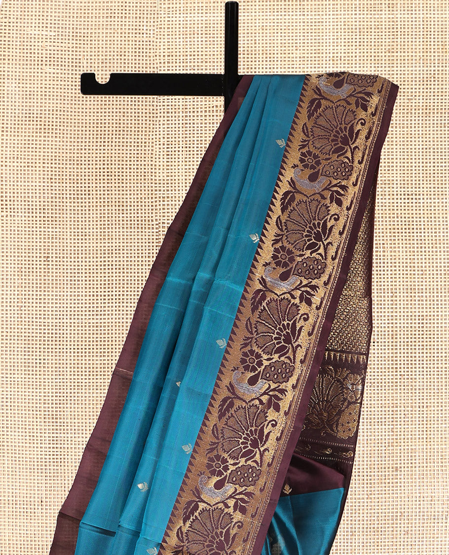 Blue Mayuri Lite Silk Mix Saree, Detailed with Buttas, Contrast Paithani-Style Peacock-Floral Border, Grand Pallu, and Contrast Blouse