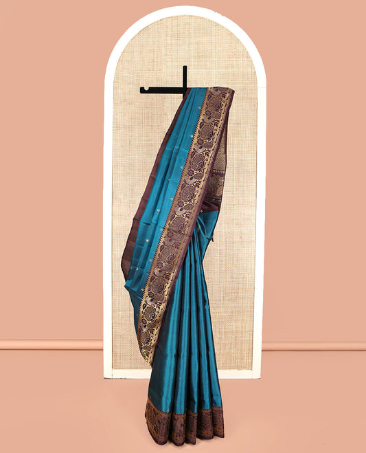 Blue Mayuri Lite Silk Mix Saree, Detailed with Buttas, Contrast Paithani-Style Peacock-Floral Border, Grand Pallu, and Contrast Blouse