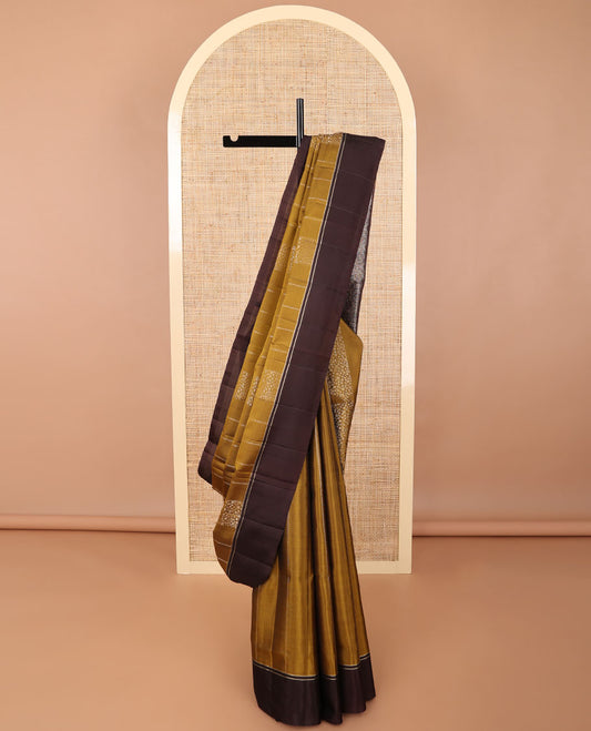 Brown geometric design mayuri soft silk saree with contrast plain border & floral jaal design pallu