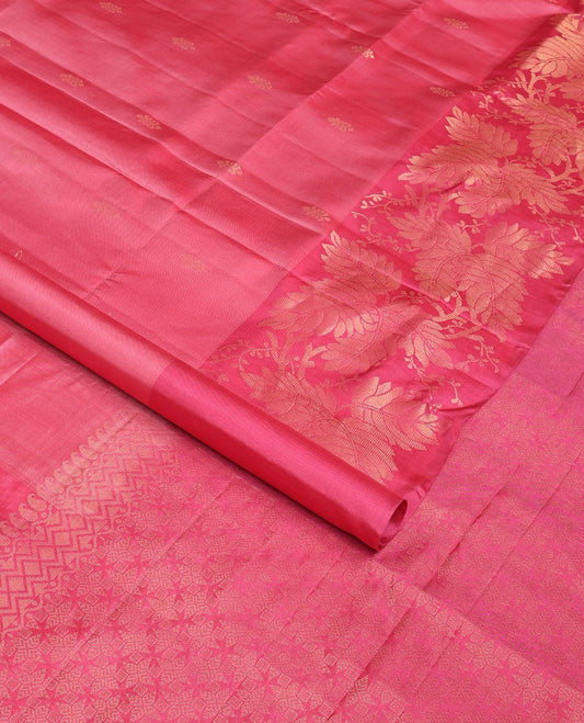 Pink zari buttas soft silk saree, leaf jaal border & self-pallu of manga,neli, diamond & geometric patterns