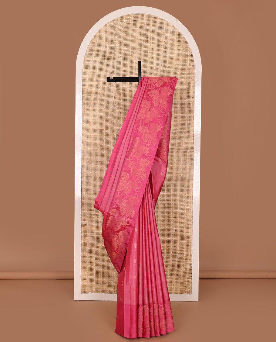 Pink zari buttas soft silk saree, leaf jaal border & self-pallu of manga,neli, diamond & geometric patterns
