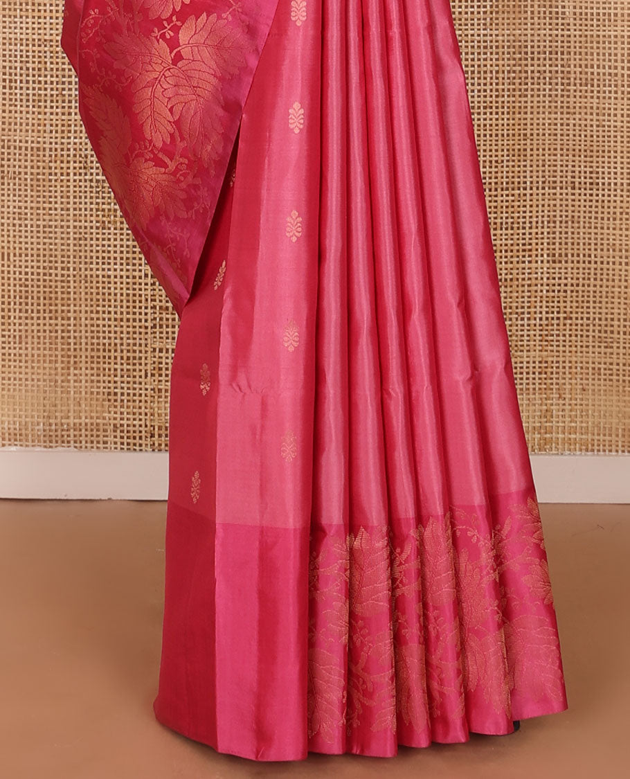 Pink zari buttas soft silk saree, leaf jaal border & self-pallu of manga,neli, diamond & geometric patterns