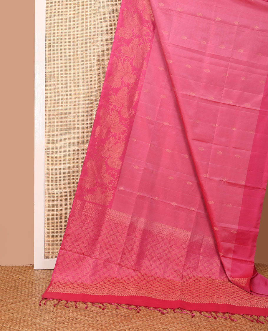 Pink zari buttas soft silk saree, leaf jaal border & self-pallu of manga,neli, diamond & geometric patterns