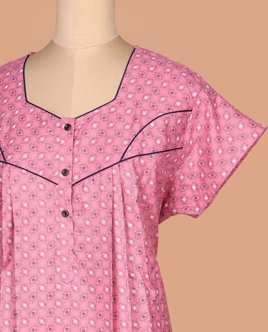 Pink diamond printed with unique neck half-sleeve nighty