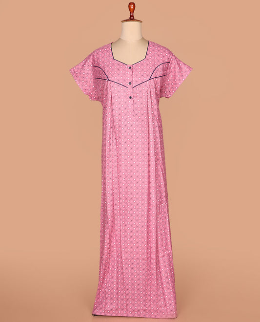 Pink diamond printed with unique neck half-sleeve nighty