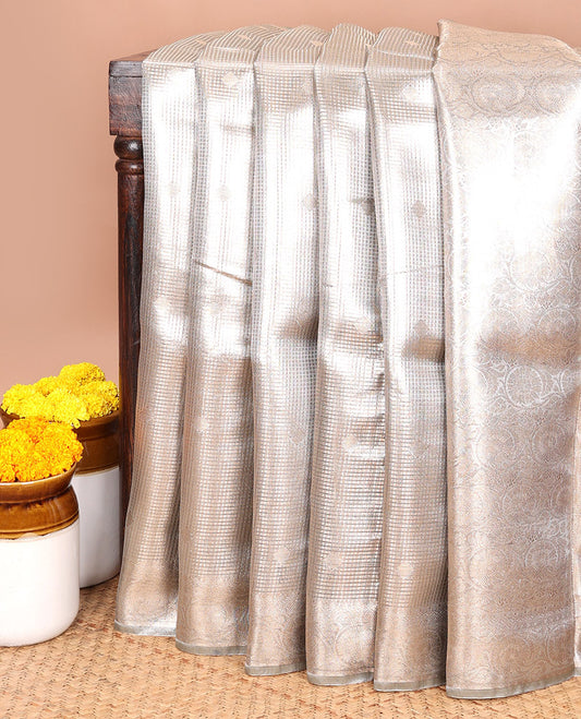 Grey gold zari butta , weaving design banaras kora tissue saree with self jacquard border & rich weaving pallu along with brocade blouse