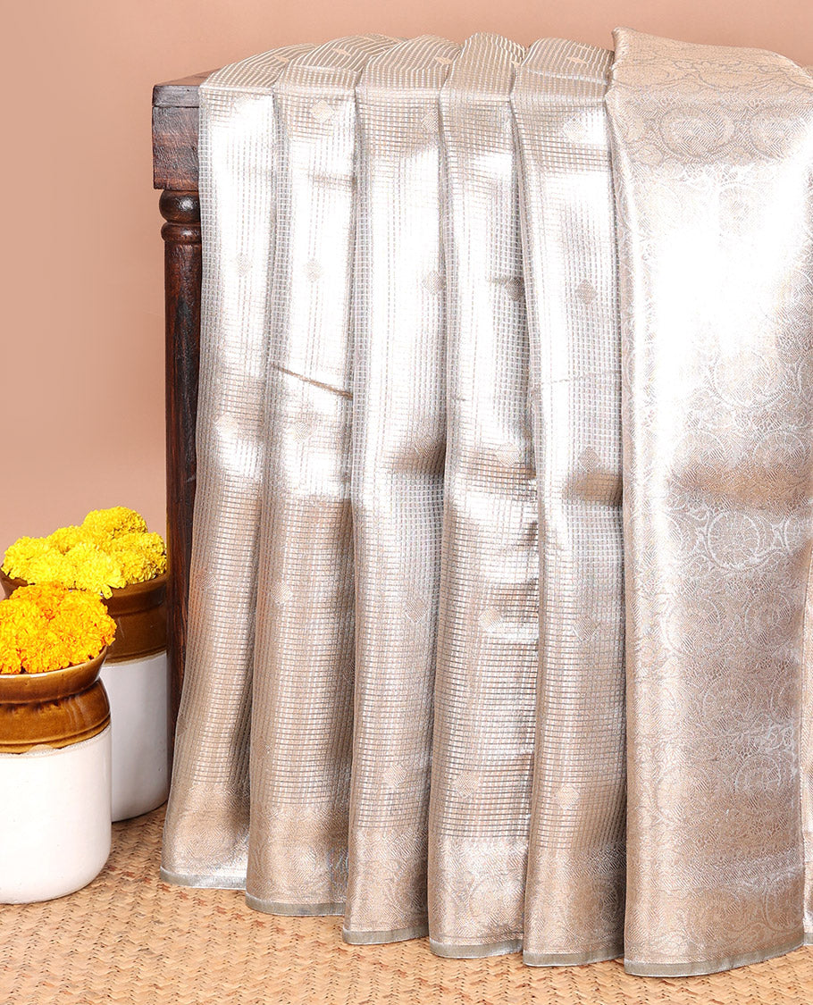 Grey gold zari butta , weaving design banaras kora tissue saree with self jacquard border & rich weaving pallu along with brocade blouse
