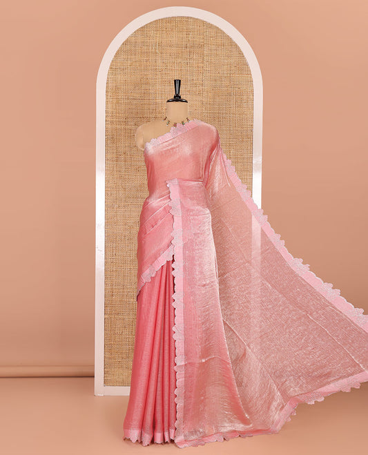Baby pink plain fendy chiffon saree, scallop border of butterfly motifs in stone work, self-pallu, and a matching blouse