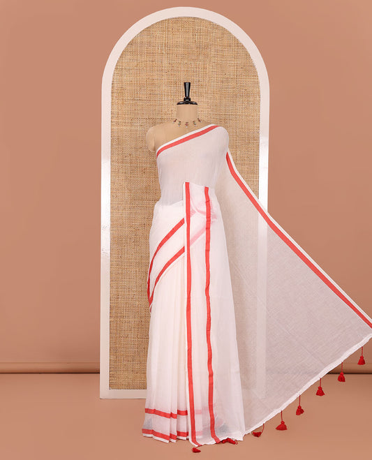 Cream Plain Khadi Mul Cotton Saree, Highlighted by Red Striped Border, Plain Pallu, Paired with a Matching Blouse