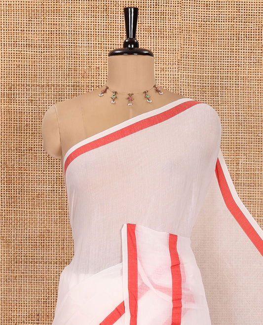 Cream Plain Khadi Mul Cotton Saree, Highlighted by Red Striped Border, Plain Pallu, Paired with a Matching Blouse