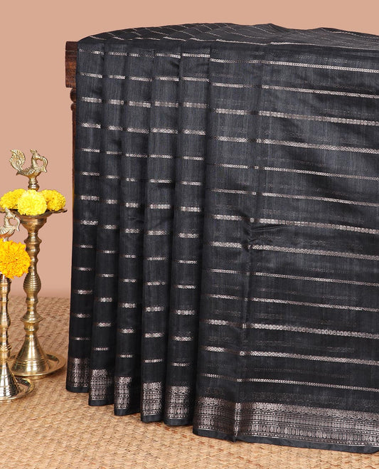 Navy blue small butta linen saree with double border & copper zari border along with plain blouse