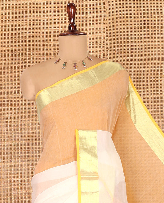 Cream-Orange Half-And-Half Plain Khadi Mul Cotton Saree, a Gold Zari Border, Striped Pallu, and No Blouse