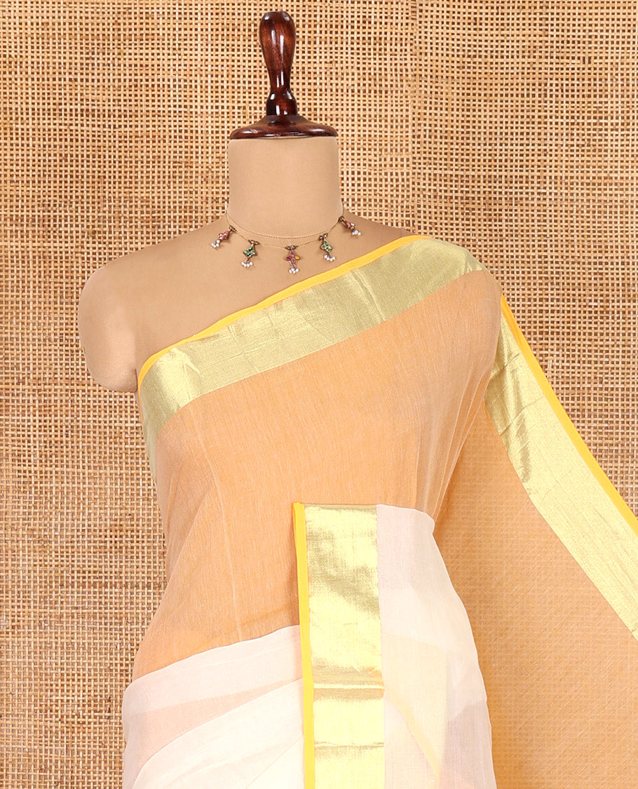 Cream-Orange Half-And-Half Plain Khadi Mul Cotton Saree, a Gold Zari Border, Striped Pallu, and No Blouse