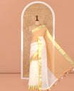 Cream-Orange Half-And-Half Plain Khadi Mul Cotton Saree, a Gold Zari Border, Striped Pallu, and No Blouse