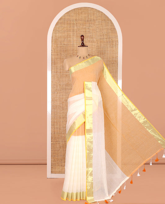 Cream-Orange Half-And-Half Plain Khadi Mul Cotton Saree, a Gold Zari Border, Striped Pallu, and No Blouse