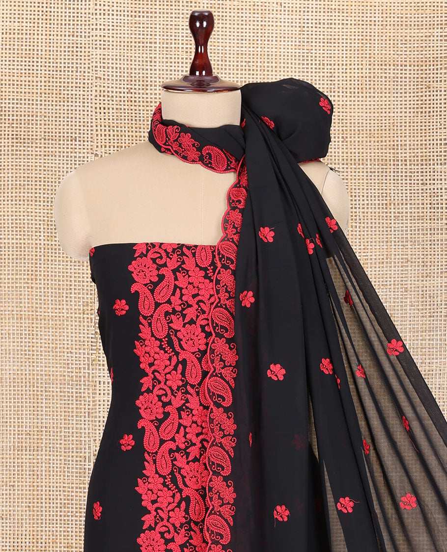 Red-Black Georgette Material Churidar Features Floral-Paisley Embroidery Top, a American Crepe Bottom, a Scallop Embroidered Dupatta
