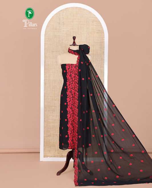 Red-Black Georgette Material Churidar Features Floral-Paisley Embroidery Top, a American Crepe Bottom, a Scallop Embroidered Dupatta