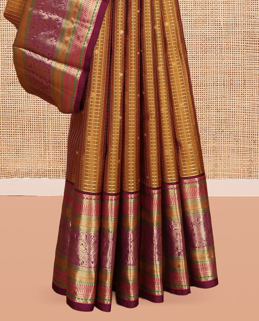 Mustard Zari Design Vasundhara Lite Silk Mix Saree, a Contrast Border of Rekku, Muthu, Kuyil Kann, and Mayil Designs, Grand Pallu, and a Contrast Blouse