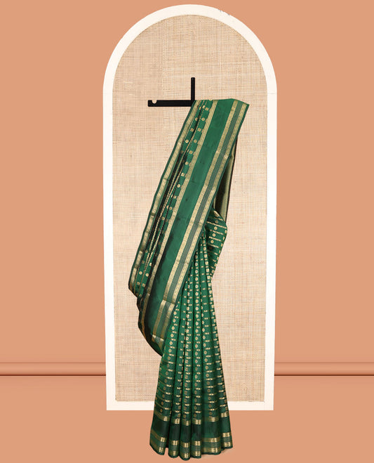 Green Vasundhara Lite Silk Mix Saree, Mesmerized with Zari Buttas and Stripes, a Zari Rettai Pettu Border of Rekku, Muthu, Mayil, Kodi Visiry, and Yaanai, Grand Pallu, and a Contrast Blouse