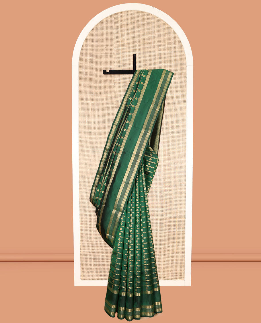 Green Vasundhara Lite Silk Mix Saree, Mesmerized with Zari Buttas and Stripes, a Zari Rettai Pettu Border of Rekku, Muthu, Mayil, Kodi Visiry, and Yaanai, Grand Pallu, and a Contrast Blouse