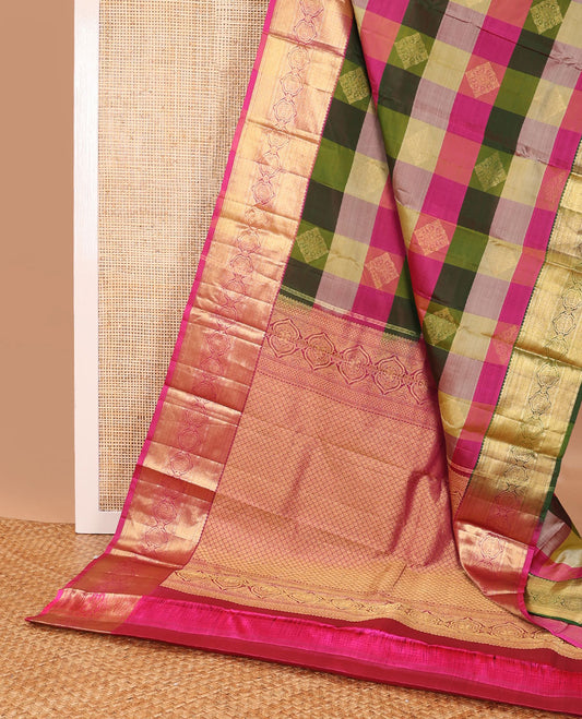 Multi-color checked buttas silk saree with contrast zari design border & argyle design pallu