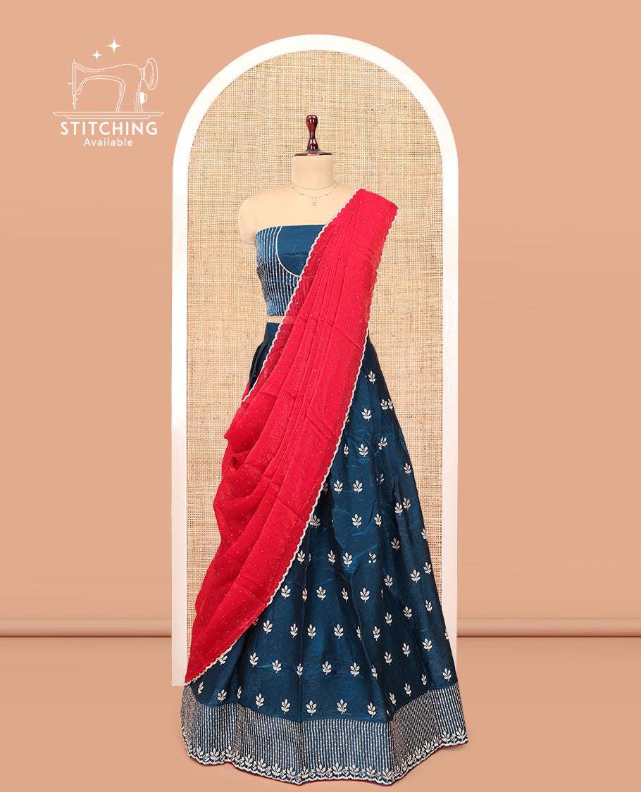 Peacock Blue Banarasi Half-Saree, Delicately Woven with Floral Buttas Embroidered Skirt, Embroidered Border, Matching Blouse, and Contrast Scallop Embroidered Dupatta