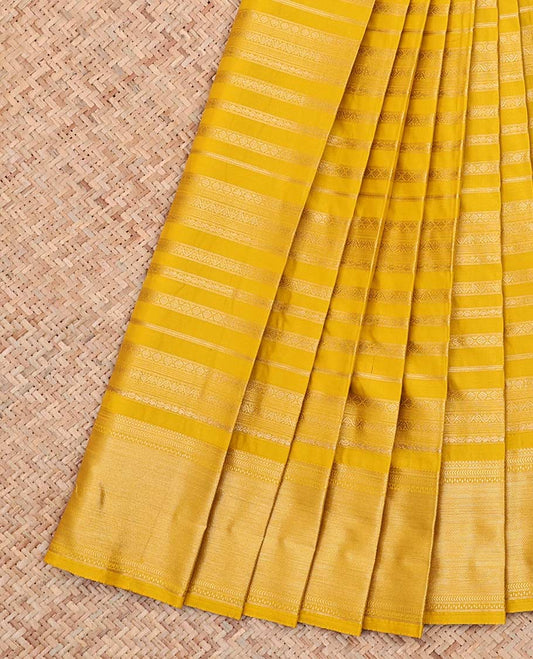 Yellow Budget Silk Saree, Subtly Enriched with Zari Stripes All Over Its Body, Highlighted by Traditional Zari Designs Woven Border, Contrast Colored Grand Pallu and Paired with a Contrast Blouse