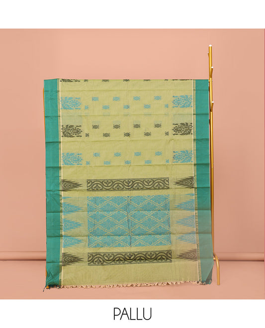 Green Kanchi Cotton Saree, Woven with Buttas All Over Its Body, Complemented by Contrast Border, Jaal-patterned Pallu, and Paired with a Matching Blouse