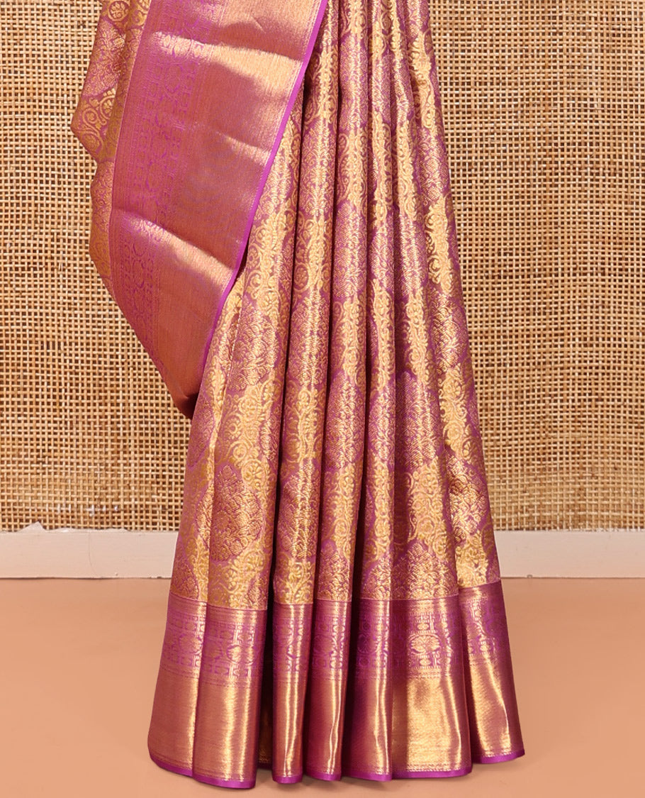 Gold Kanchipuram Tissue Silk Saree,Elegantly Highlighted with Jacquard Design,Complemented by Contrast Border of Banaras, Neli, Poun, and Kodi Visiry Designs, Jaal Pallu, and Contrast Blouse