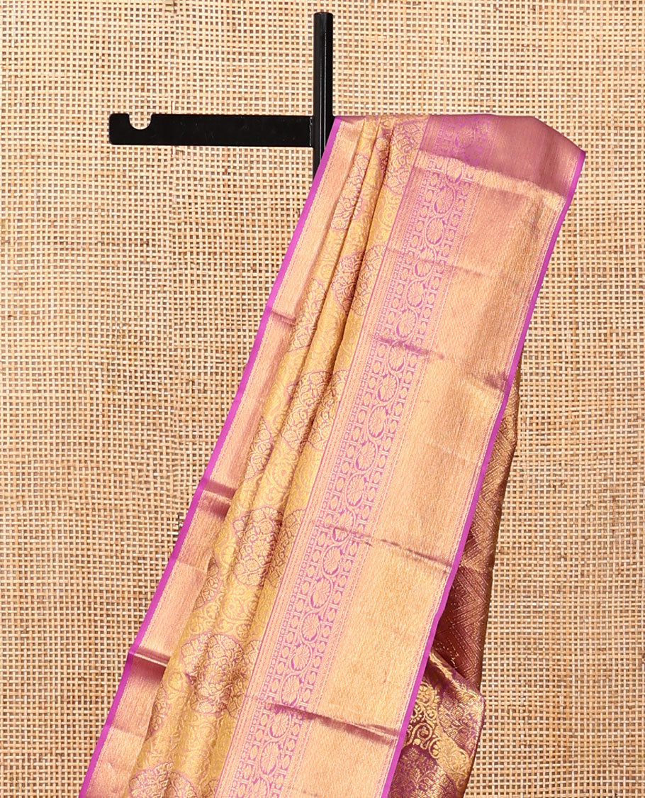 Gold Kanchipuram Tissue Silk Saree,Elegantly Highlighted with Jacquard Design,Complemented by Contrast Border of Banaras, Neli, Poun, and Kodi Visiry Designs, Jaal Pallu, and Contrast Blouse