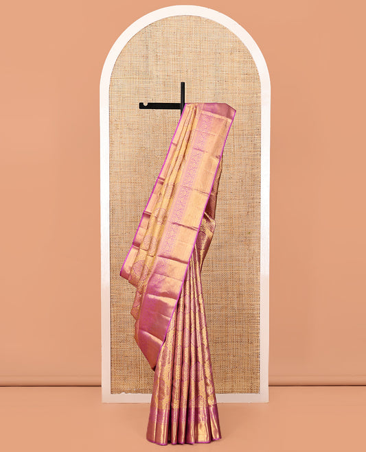 Gold Kanchipuram Tissue Silk Saree,Elegantly Highlighted with Jacquard Design,Complemented by Contrast Border of Banaras, Neli, Poun, and Kodi Visiry Designs, Jaal Pallu, and Contrast Blouse