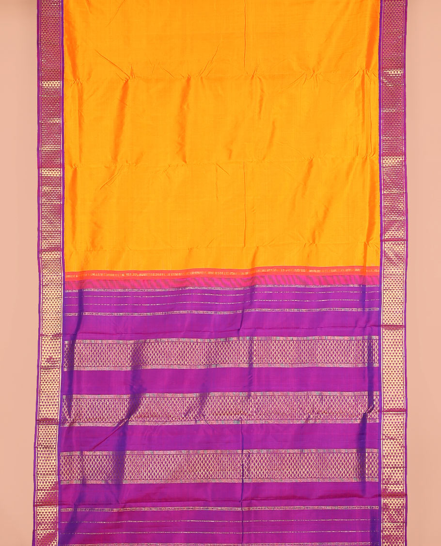 Mango yellow dual-toned plain nine-yard silk saree, contrast ara maadam design korvai border, and pallu of ara maadam designs