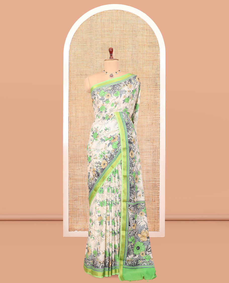 White Printed Silk Saree, Enlivened with Floral-Vine Print, a Contrast Traditional Zari Border, Floral Pallu, and a Contrast Blouse