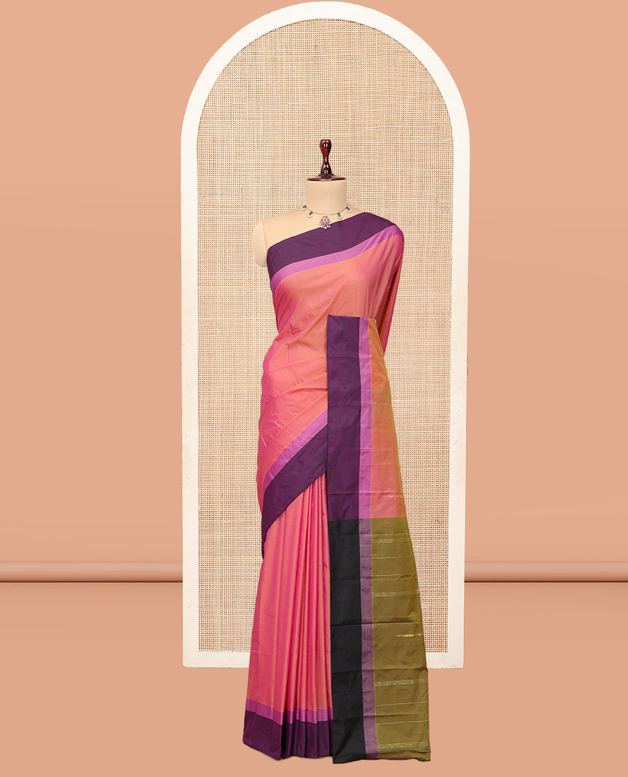Pink Plain Arani Saree, a Contrast Border, Contrast Zari Striped Pallu, and a Contrast Blouse