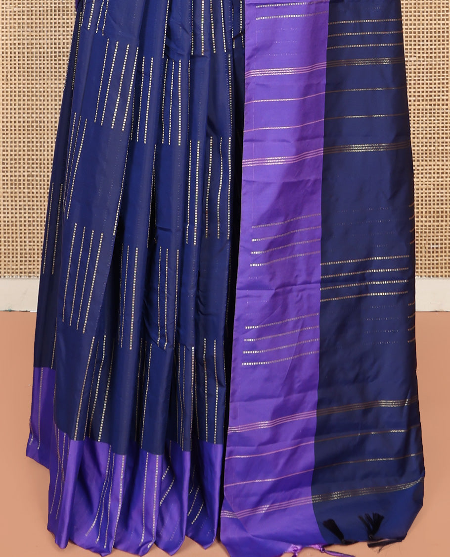 Blue Aarani Silk Saree, Masterfully Woven with Muthu Stripes on Its Body, Complemented by a Contrast Zari Striped Border, Striped Pallu, and Paired with a Matching Blouse