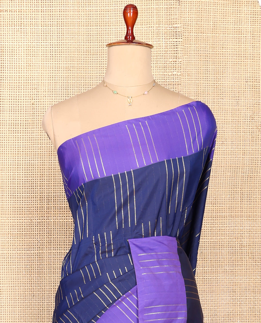 Blue Aarani Silk Saree, Masterfully Woven with Muthu Stripes on Its Body, Complemented by a Contrast Zari Striped Border, Striped Pallu, and Paired with a Matching Blouse