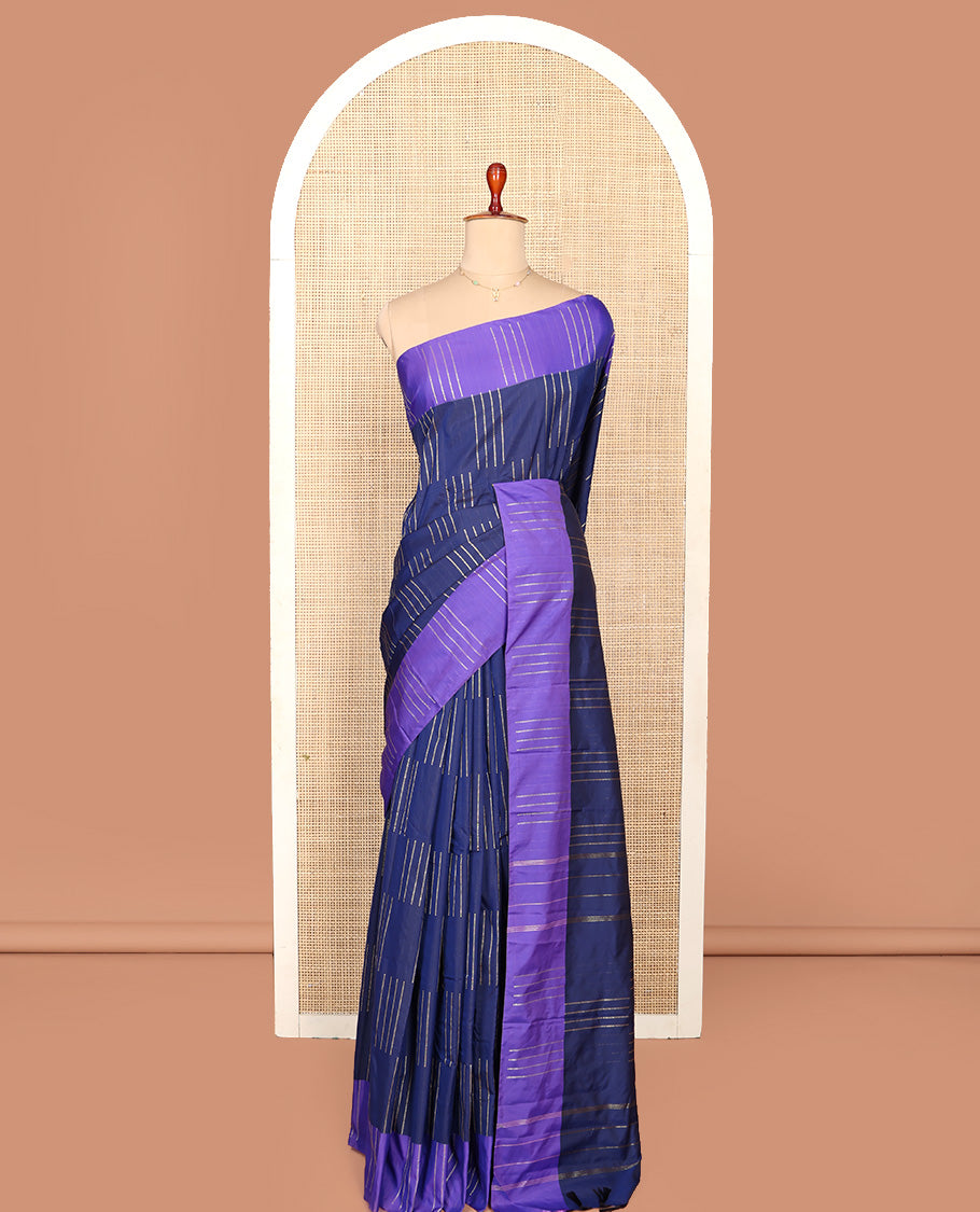 Blue Aarani Silk Saree, Masterfully Woven with Muthu Stripes on Its Body, Complemented by a Contrast Zari Striped Border, Striped Pallu, and Paired with a Matching Blouse