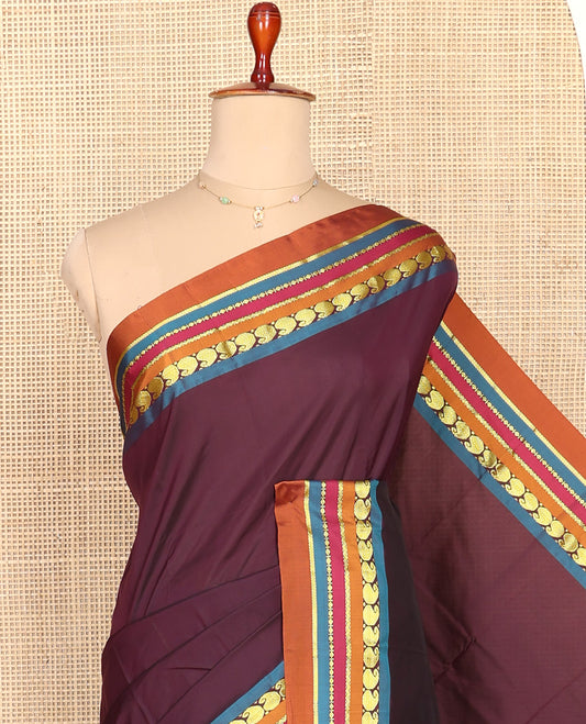 Brown Plain Aarani Silk Saree, Complemented by a Contrast Traditional Zari Design Border, Pallu of Stripes, and Paired with a Contrast Blouse