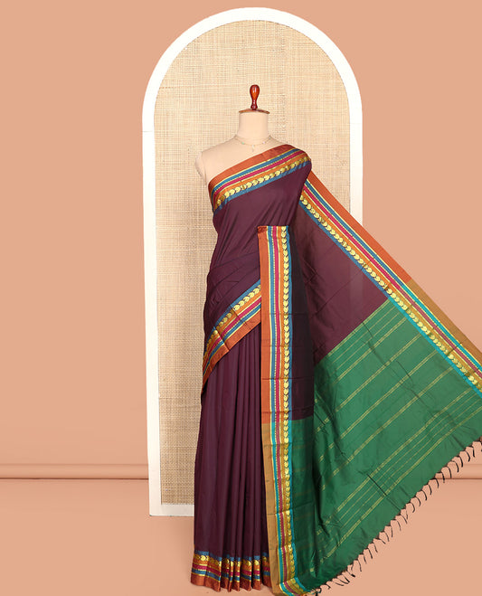 Brown Plain Aarani Silk Saree, Complemented by a Contrast Traditional Zari Design Border, Pallu of Stripes, and Paired with a Contrast Blouse