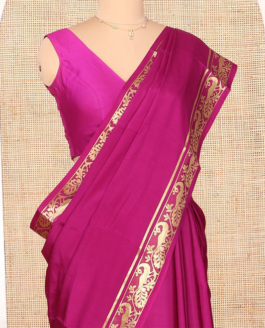 Rani Pink Plain Mysore Silk Saree, Elegantly Framed with Traditional Zari Border of Peacock Designs, Pallu Woven with Zari Stripes, and Paired with a Matching Blouse