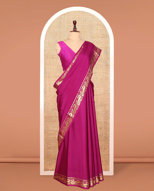 Rani Pink Plain Mysore Silk Saree, Elegantly Framed with Traditional Zari Border of Peacock Designs, Pallu Woven with Zari Stripes, and Paired with a Matching Blouse