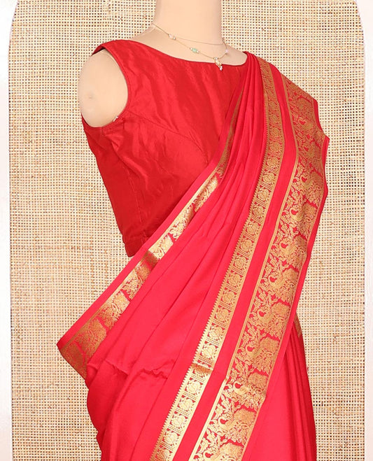 Red Plain Mysore Silk Saree, Entralled with Traditional Zari Border Steeped with Peacock Designs, Zari Decked Up Pallu, and Paired with a Matching Blouse
