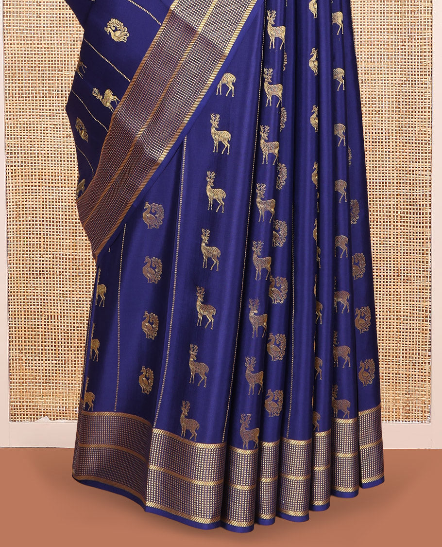 Navy Blue Mysore Silk Saree, Meticulously Crafted with Peacock-Deer Buttas and Stripes, Highlighted by a Traditional Zari Border, Grand Pallu, and a Matching Blouse