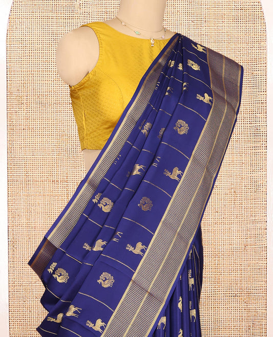 Navy Blue Mysore Silk Saree, Meticulously Crafted with Peacock-Deer Buttas and Stripes, Highlighted by a Traditional Zari Border, Grand Pallu, and a Matching Blouse