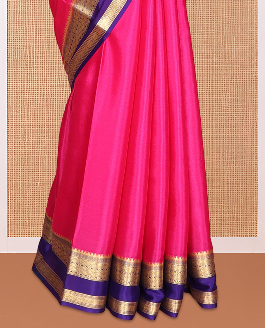 Pink Plain Mysore Silk Saree, Complemented by a Contrast Traditional Zari Double Pettu Border, Zari Design Pallu, and a Contrast Blouse
