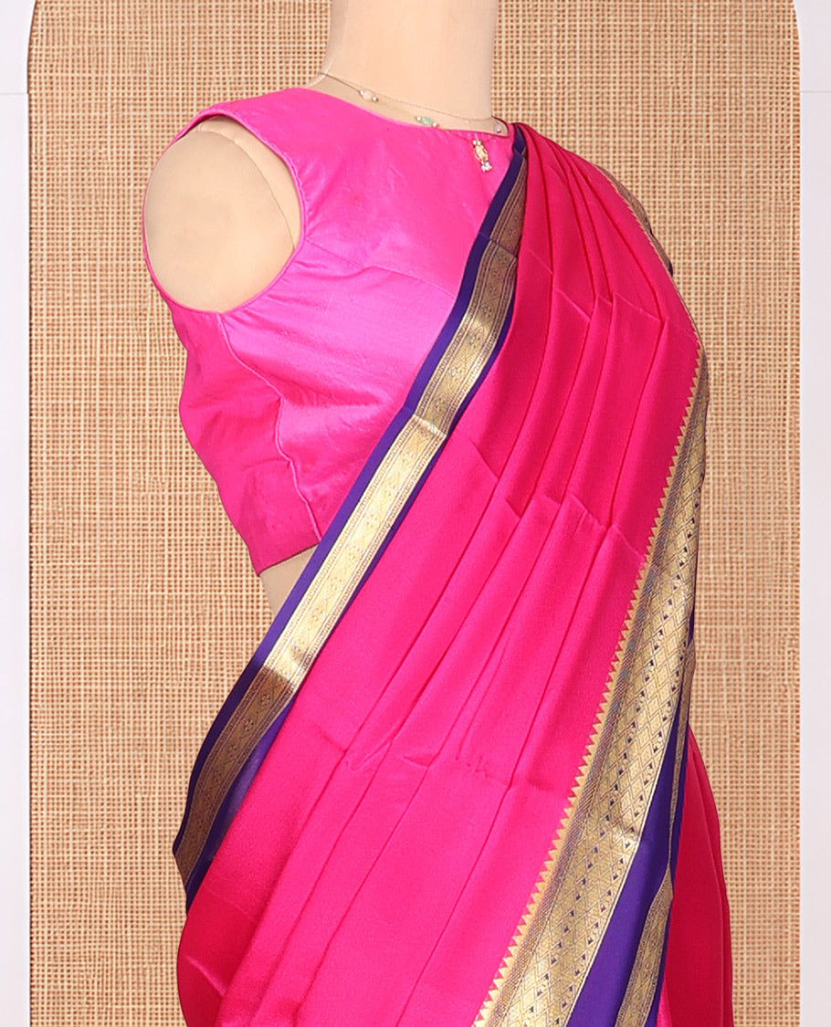 Pink Plain Mysore Silk Saree, Complemented by a Contrast Traditional Zari Double Pettu Border, Zari Design Pallu, and a Contrast Blouse