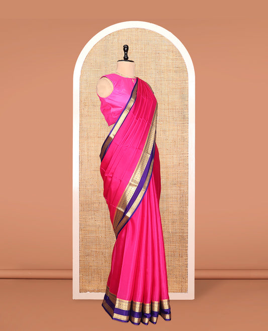 Pink Plain Mysore Silk Saree, Complemented by a Contrast Traditional Zari Double Pettu Border, Zari Design Pallu, and a Contrast Blouse