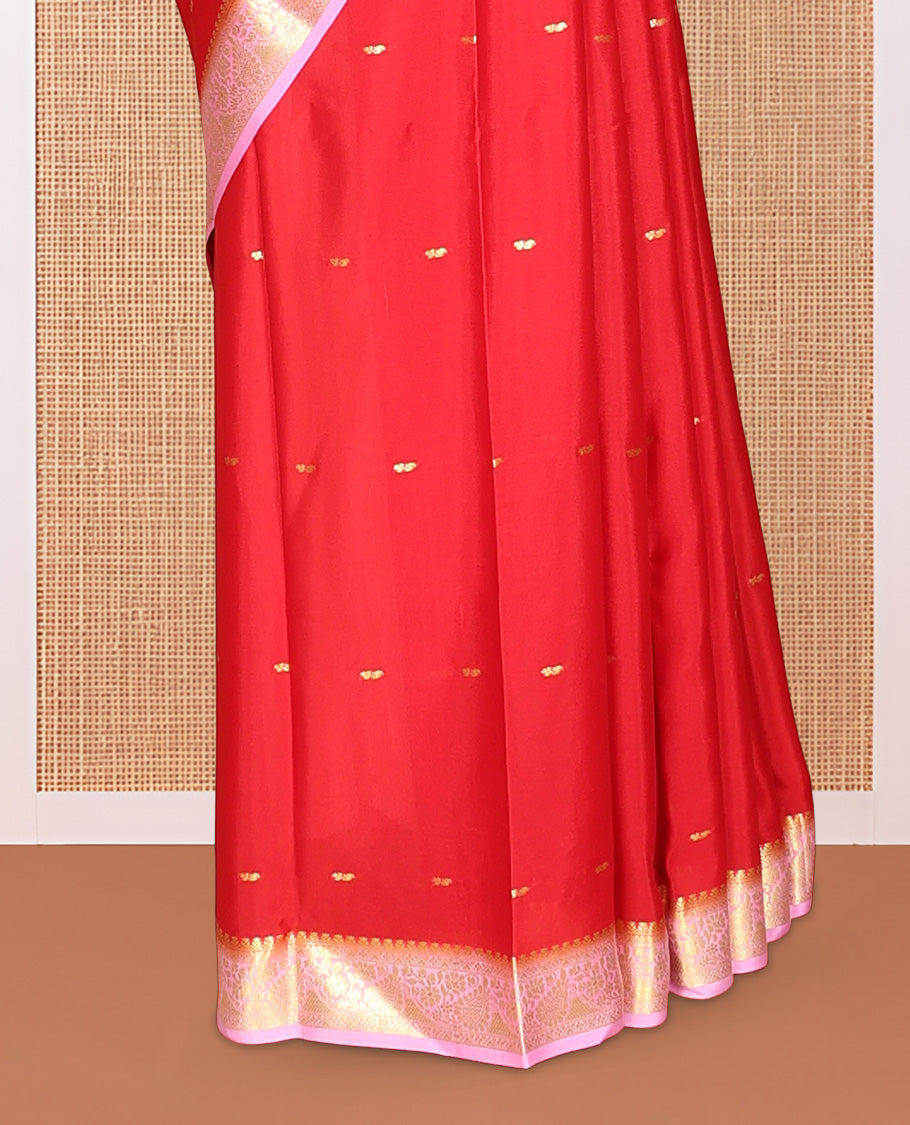 Red Zari Buttas Mysore Silk Saree, Complemented by a Contrast Traditional Zari Border, Zari Design Pallu, and a Contrast Blouse