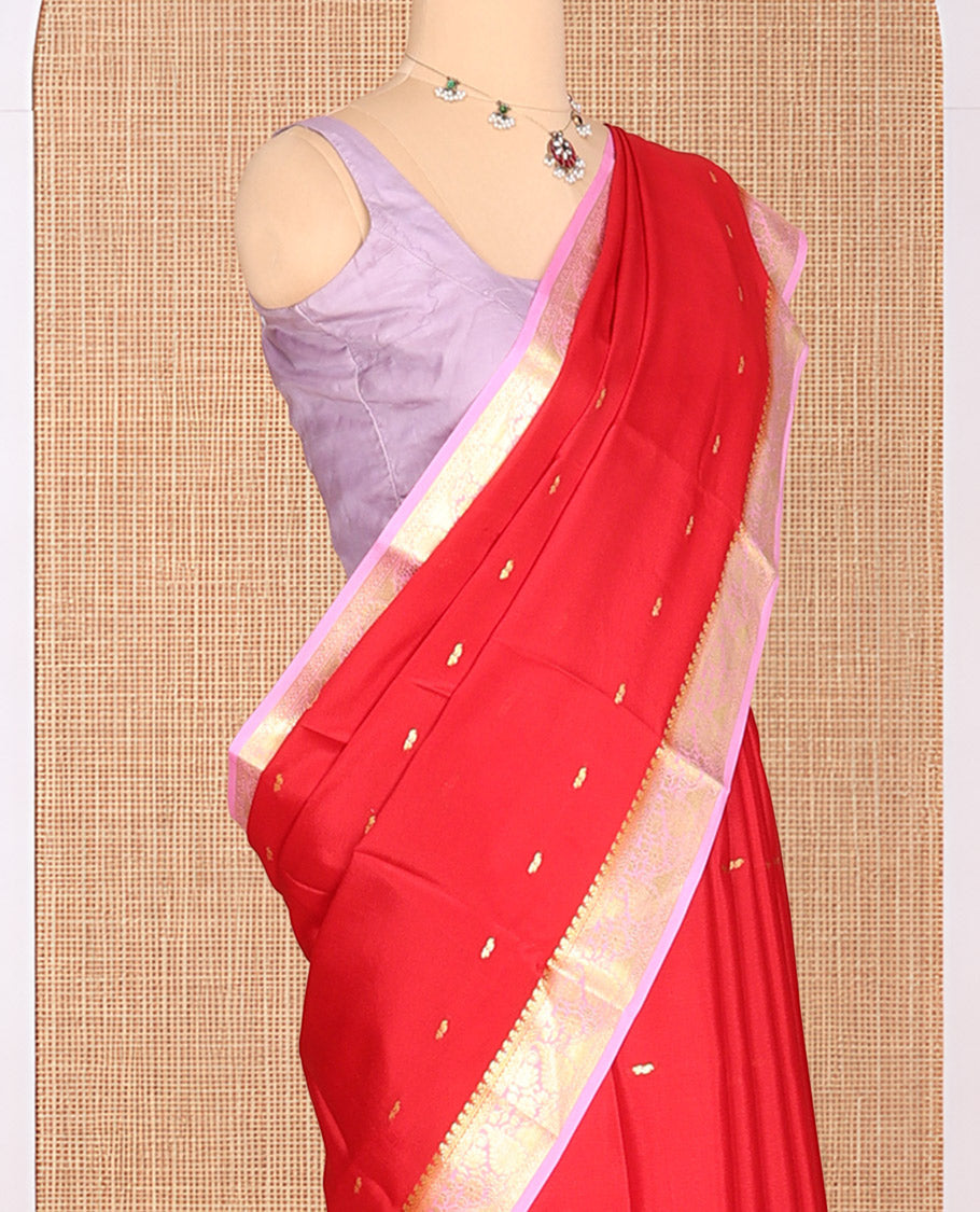 Red Zari Buttas Mysore Silk Saree, Complemented by a Contrast Traditional Zari Border, Zari Design Pallu, and a Contrast Blouse